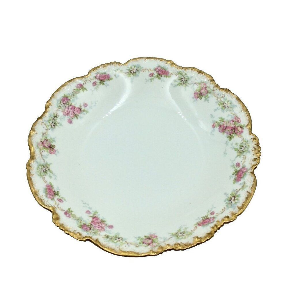 Vintage JP France Limoges Boston Bowl 9.5" Gold Trimmed Flower Edged Serving